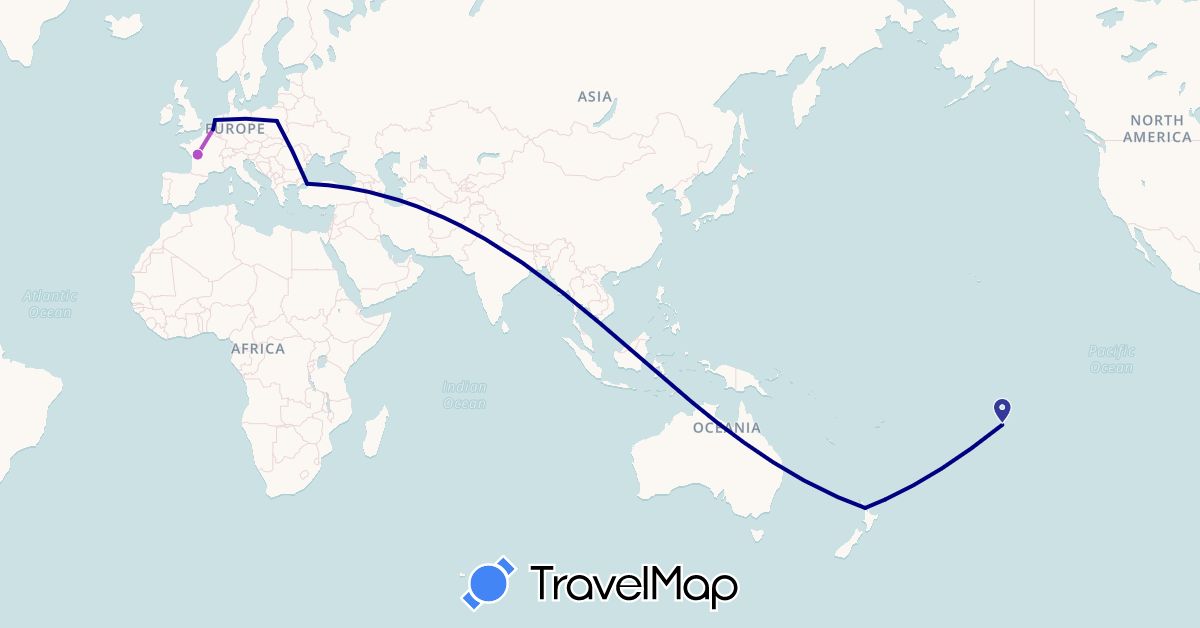 TravelMap itinerary: driving, train in Belgium, France, Netherlands, New Zealand, French Polynesia, Poland, Turkey (Asia, Europe, Oceania)